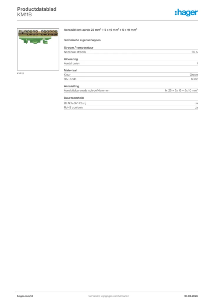 Afbeelding Hager Productdatablad KM11B | Hager Nederland