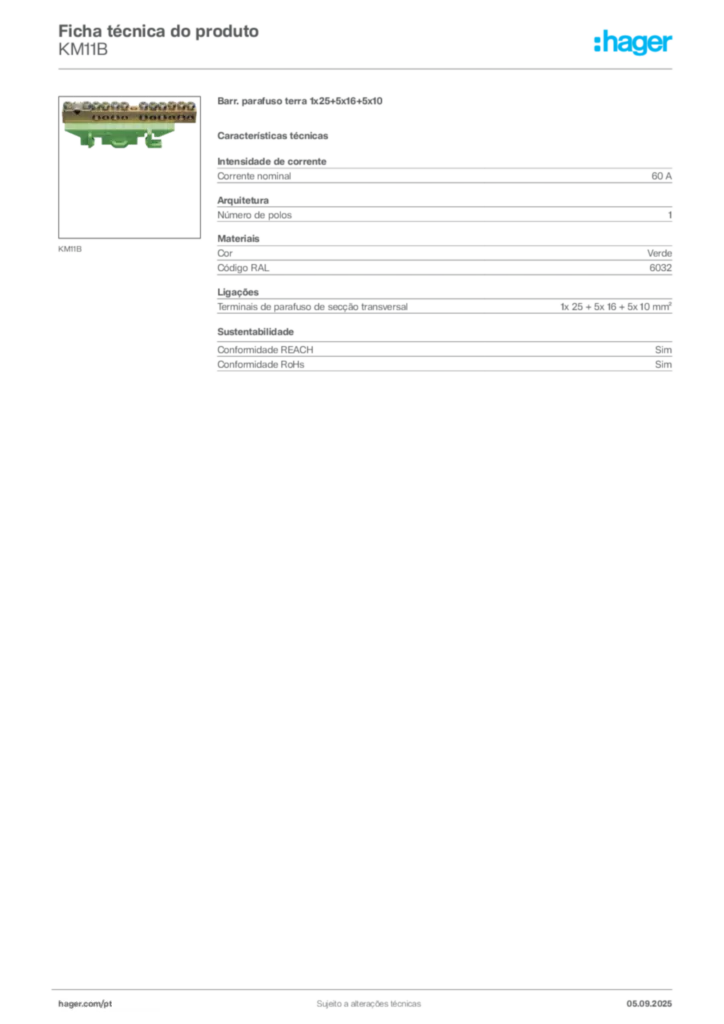 Imagem Hager Ficha técnica do produto KM11B | Hager Portugal