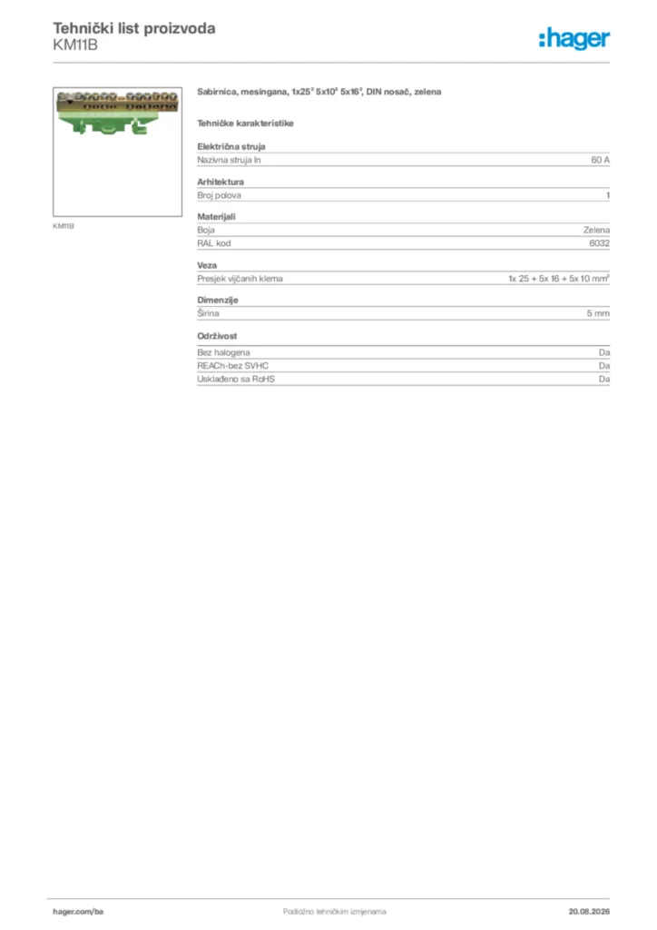 Slika Hager Tehnički list proizvoda KM11B  | Hager