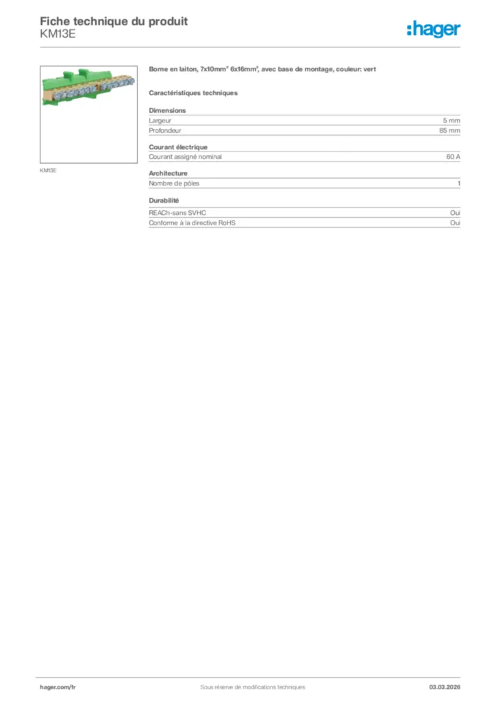 Image Hager Fiche technique du produit KM13E | Hager France