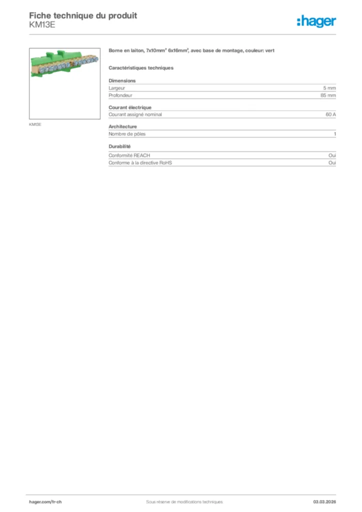 Image Hager Fiche technique du produit KM13E | Hager Suisse