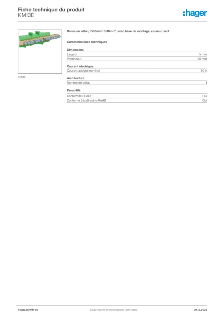 Image Hager Fiche technique du produit KM13E | Hager Suisse