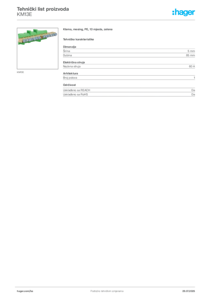 Slika Hager Product data sheet KM13E  | Hager