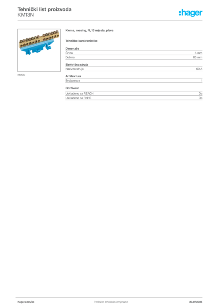 Slika Hager Product data sheet KM13N  | Hager