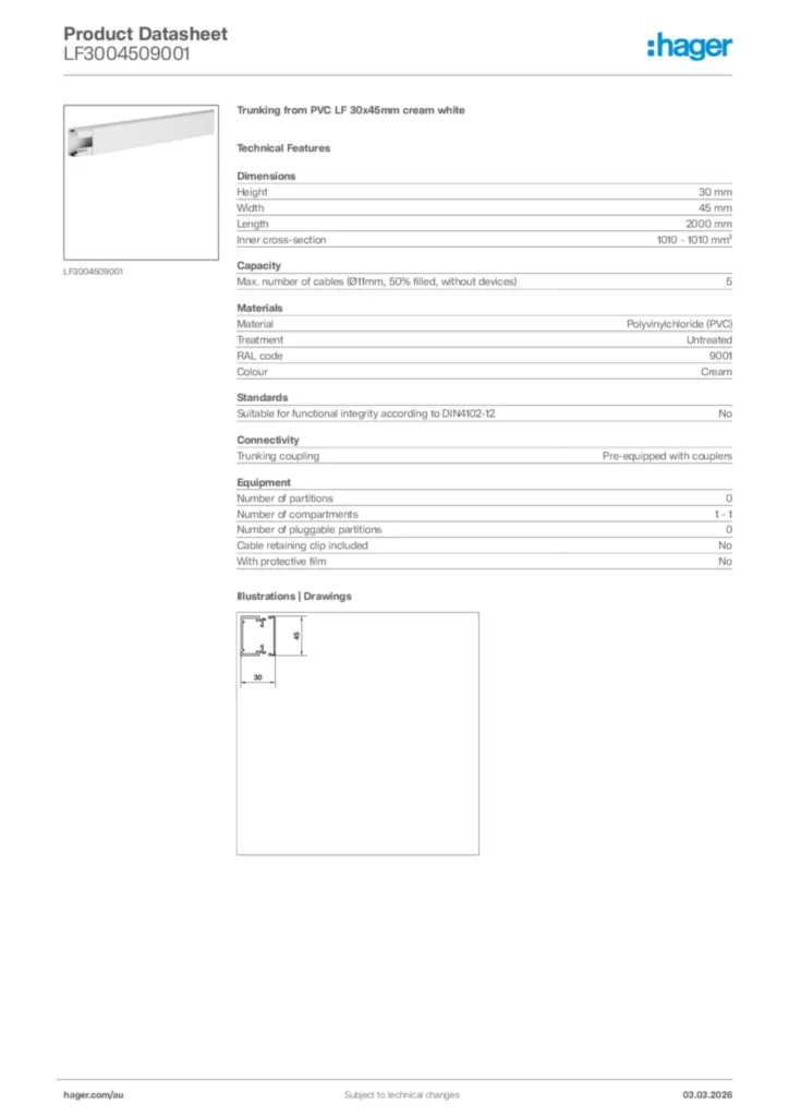 Image Hager Product data sheet LF3004509001  | Hager Australia