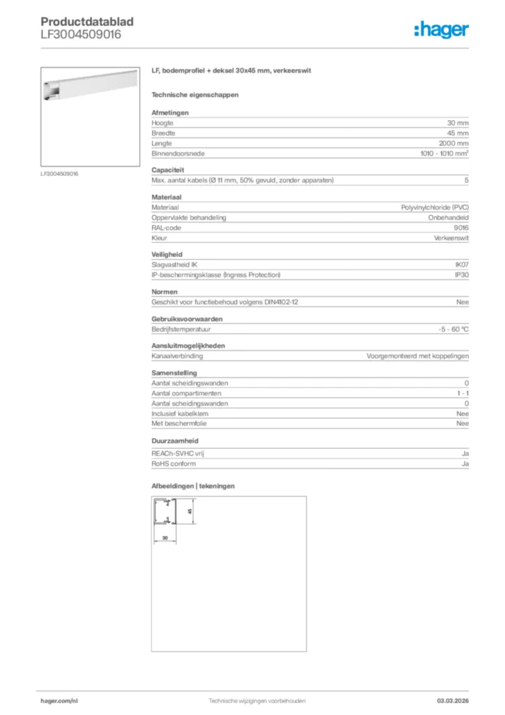 Afbeelding Hager Productdatablad LF3004509016 | Hager Nederland