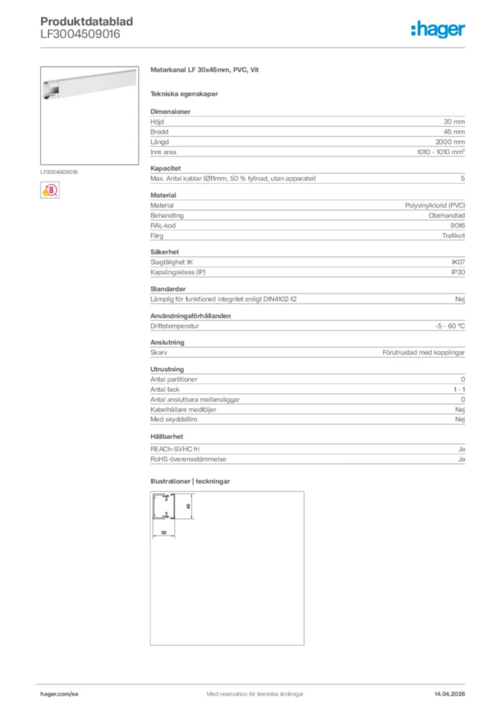 Bild Hager Produktdatablad LF3004509016 | Hager Sverige
