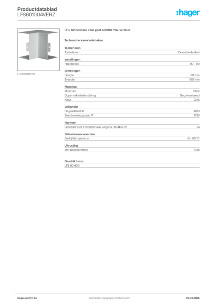 Afbeelding Hager Productdatablad LFS601004VERZ | Hager Belgium