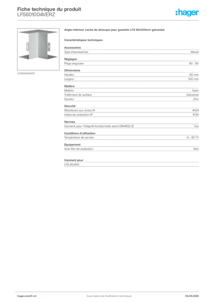 Image Hager Fiche technique du produit LFS601004VERZ | Hager Suisse