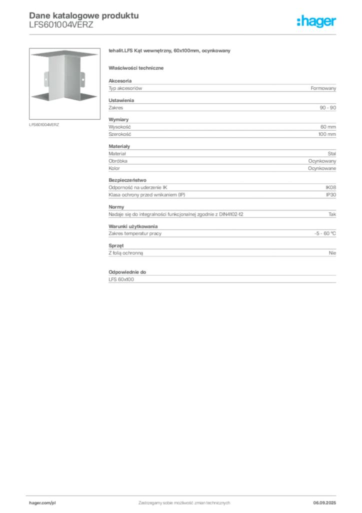 Zdjęcie Hager Dane katalogowe produktu LFS601004VERZ | Hager Polska