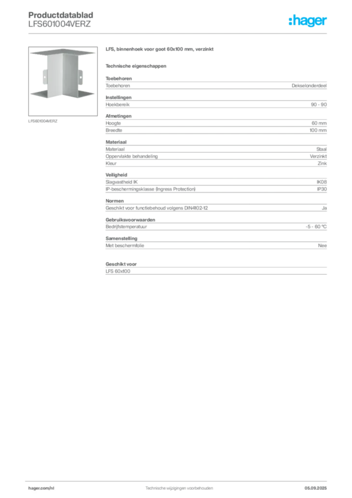 Afbeelding Hager Productdatablad LFS601004VERZ | Hager Nederland