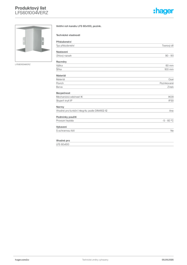 Obrázek Hager Produktový list LFS601004VERZ | Hager