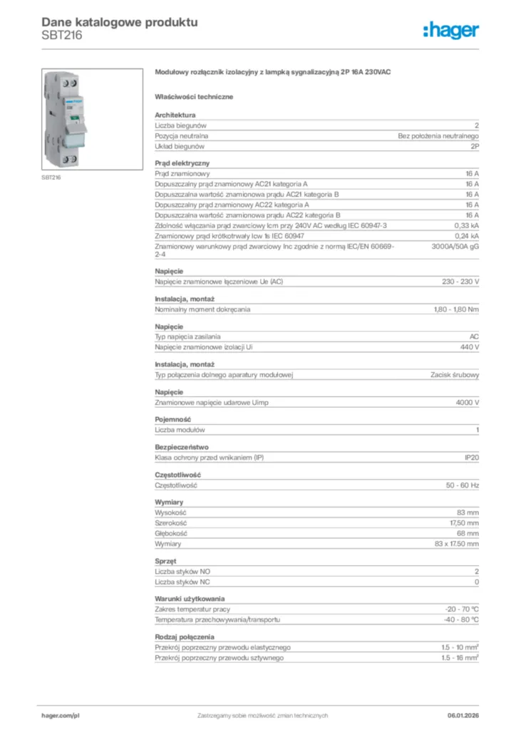 Zdjęcie Hager Karta katalogowa SBT216 | Hager Polska