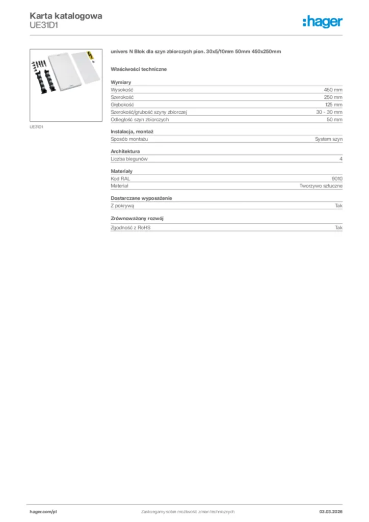 Zdjęcie Hager Karta katalogowa UE31D1 | Hager Polska