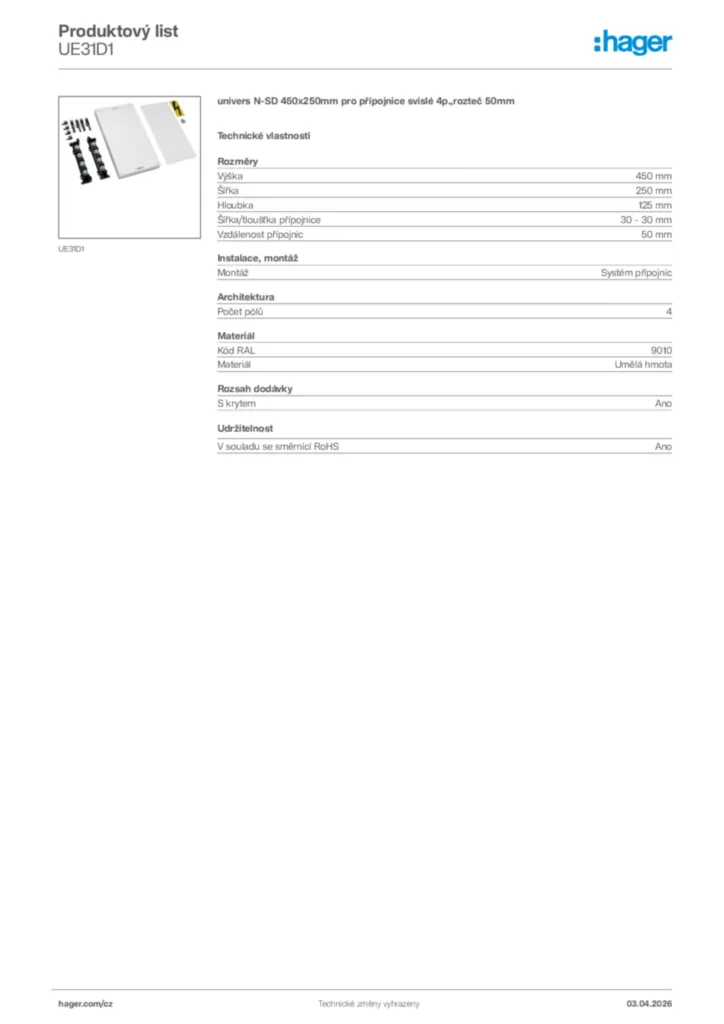 Obrázek Hager Product data sheet UE31D1 | Hager