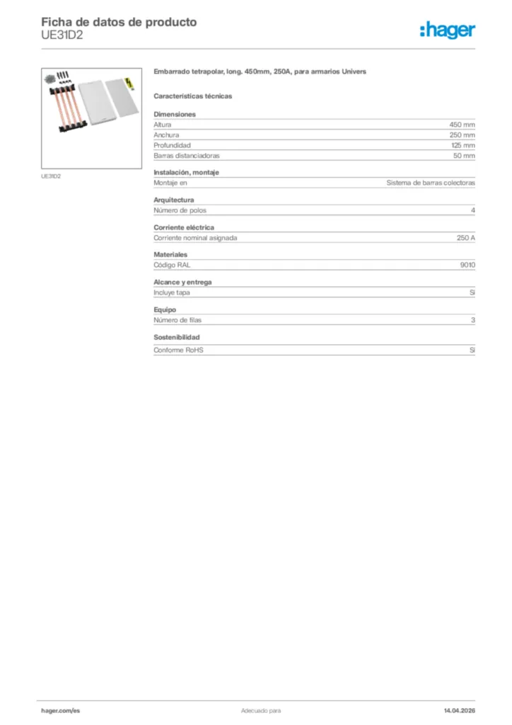 Imagen Hager Ficha de datos de producto UE31D2 | Hager España