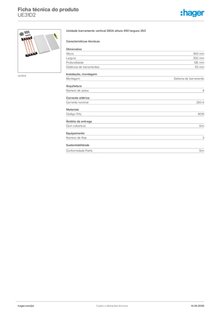 Imagem Hager Ficha técnica do produto UE31D2 | Hager Portugal