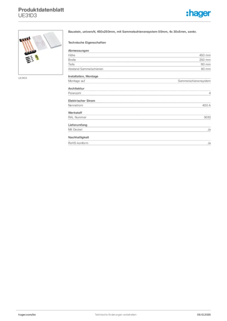 Bild Hager Produktdatenblatt UE31D3 | Hager Deutschland