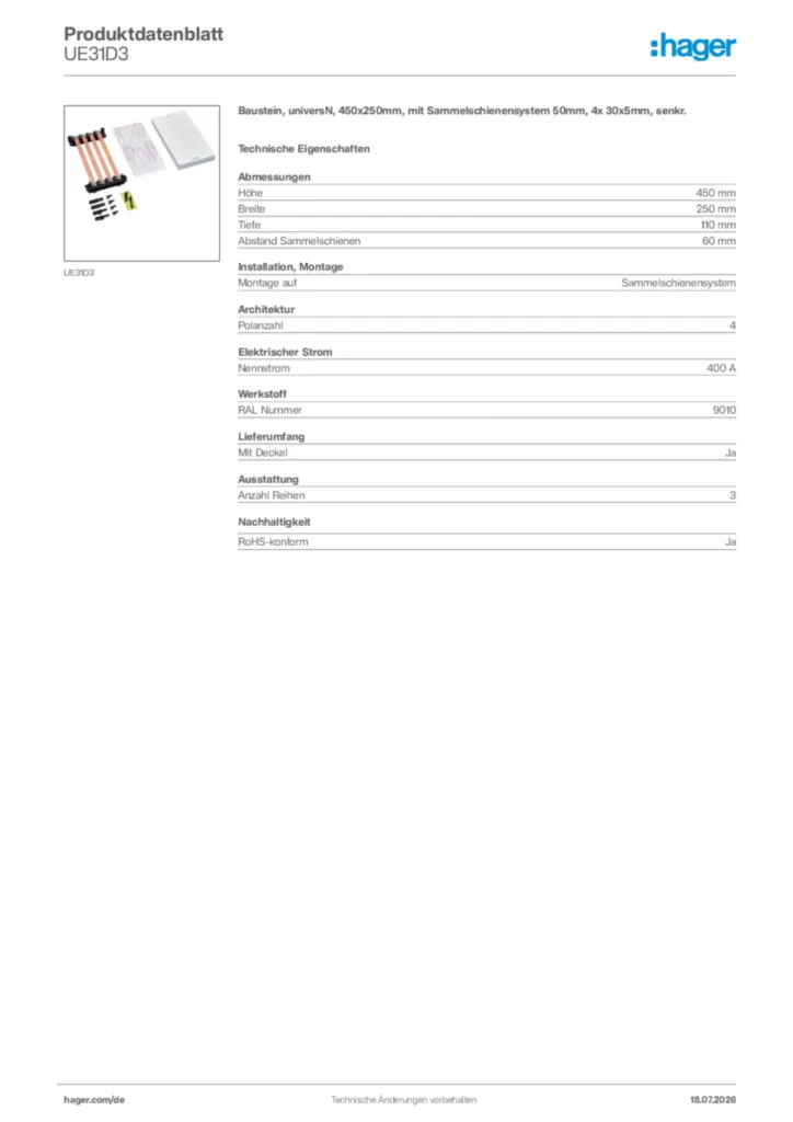 Bild Hager Produktdatenblatt UE31D3 | Hager Deutschland