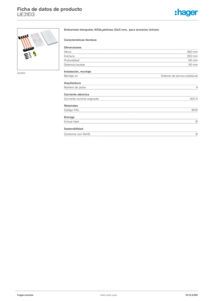 Imagen Hager Ficha de datos de producto UE31D3 | Hager España