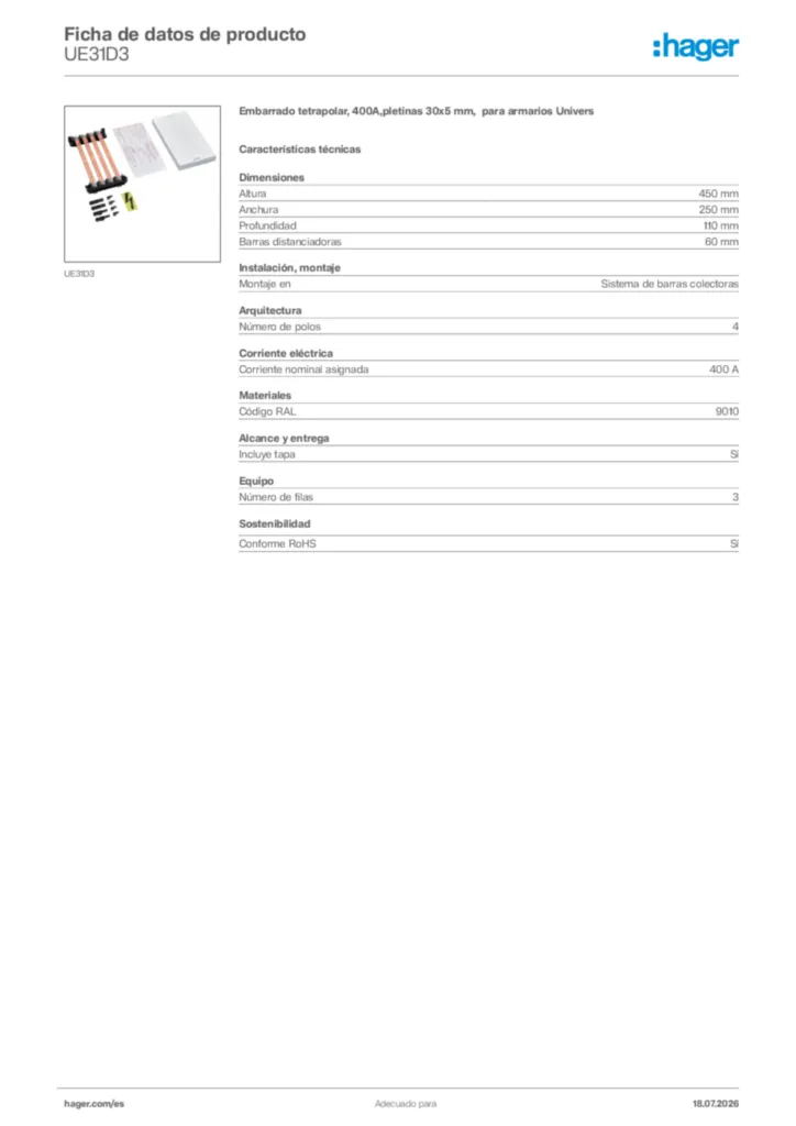 Imagen Hager Ficha de datos de producto UE31D3 | Hager España