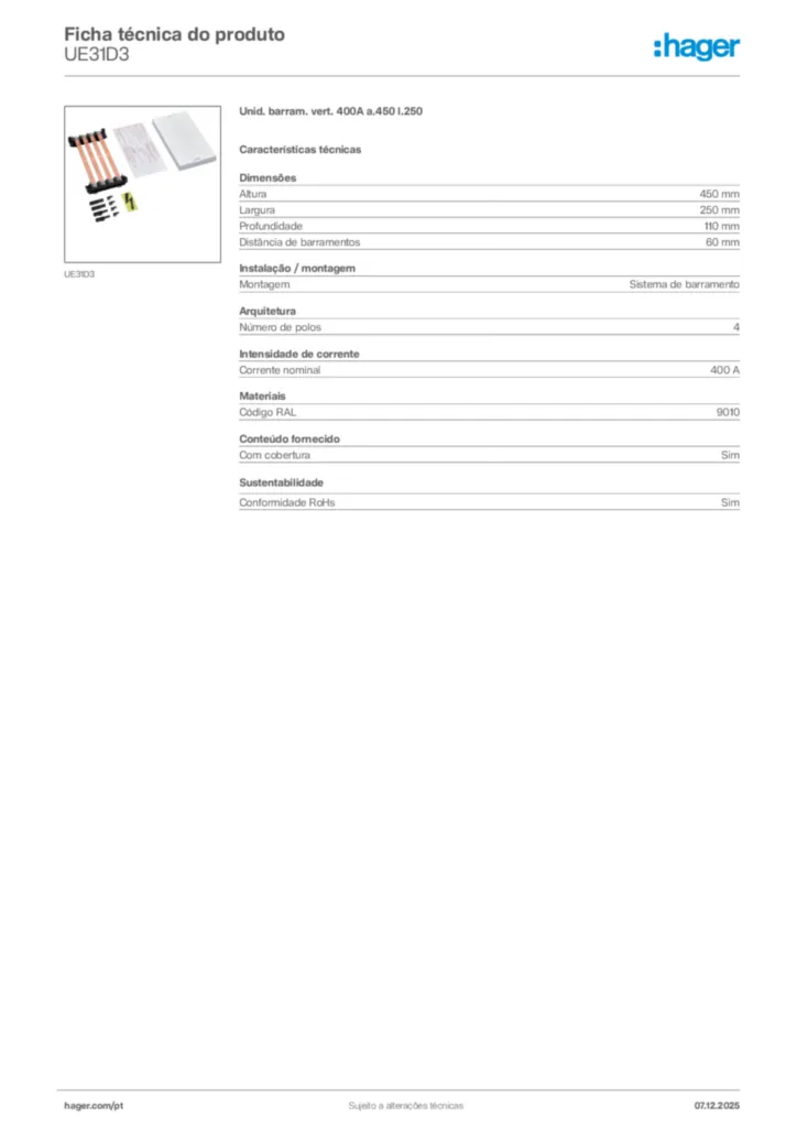 Imagem Hager Ficha técnica do produto UE31D3 | Hager Portugal