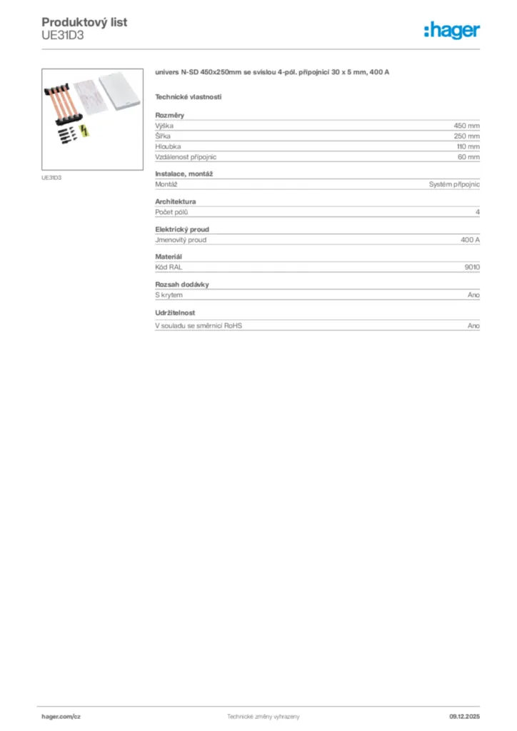 Obrázek Hager Product data sheet UE31D3 | Hager