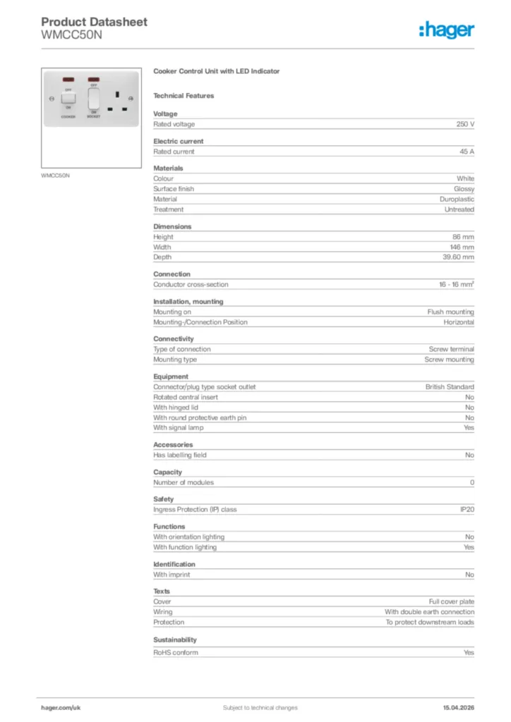 Image Hager Product data sheet WMCC50N  | Hager