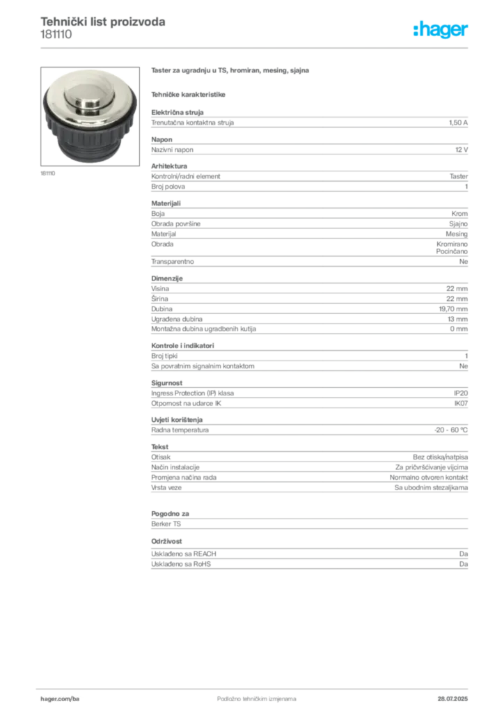 Slika Hager Product data sheet 181110  | Hager