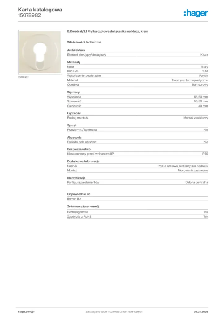 Zdjęcie Hager Karta katalogowa 15078982 | Hager Polska
