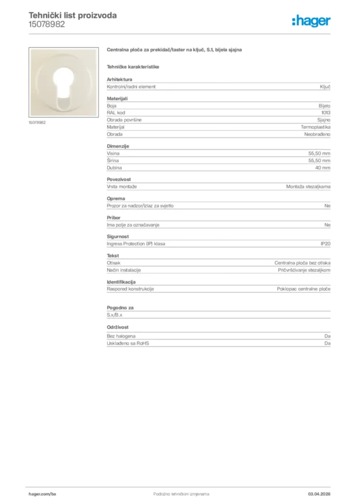Slika Hager Tehnički list proizvoda 15078982  | Hager