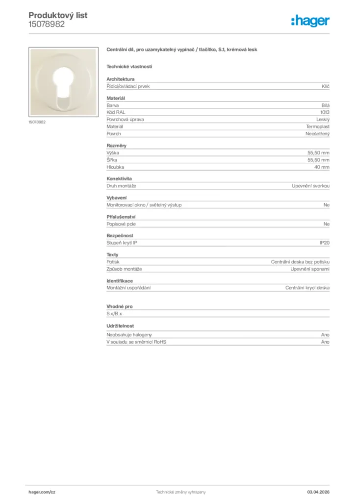 Obrázek Hager Product data sheet 15078982 | Hager