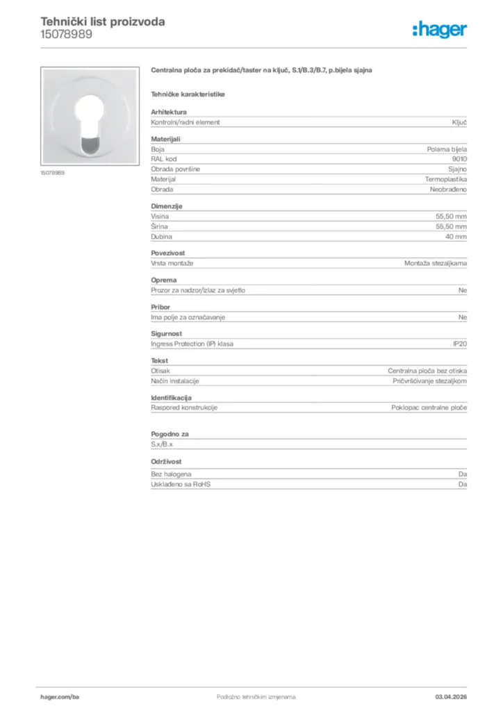 Slika Hager Tehnički list proizvoda 15078989  | Hager