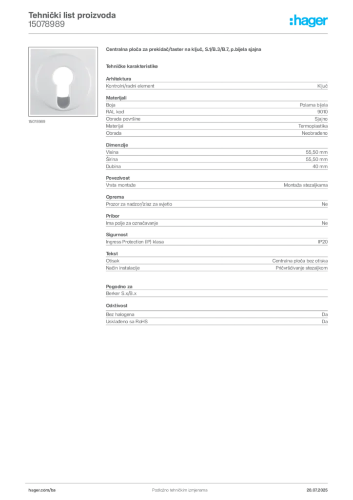 Slika Hager Product data sheet 15078989  | Hager