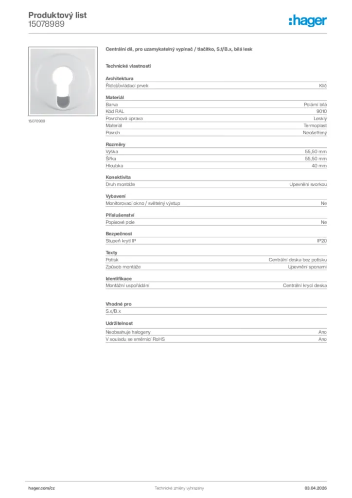 Obrázek Hager Product data sheet 15078989 | Hager