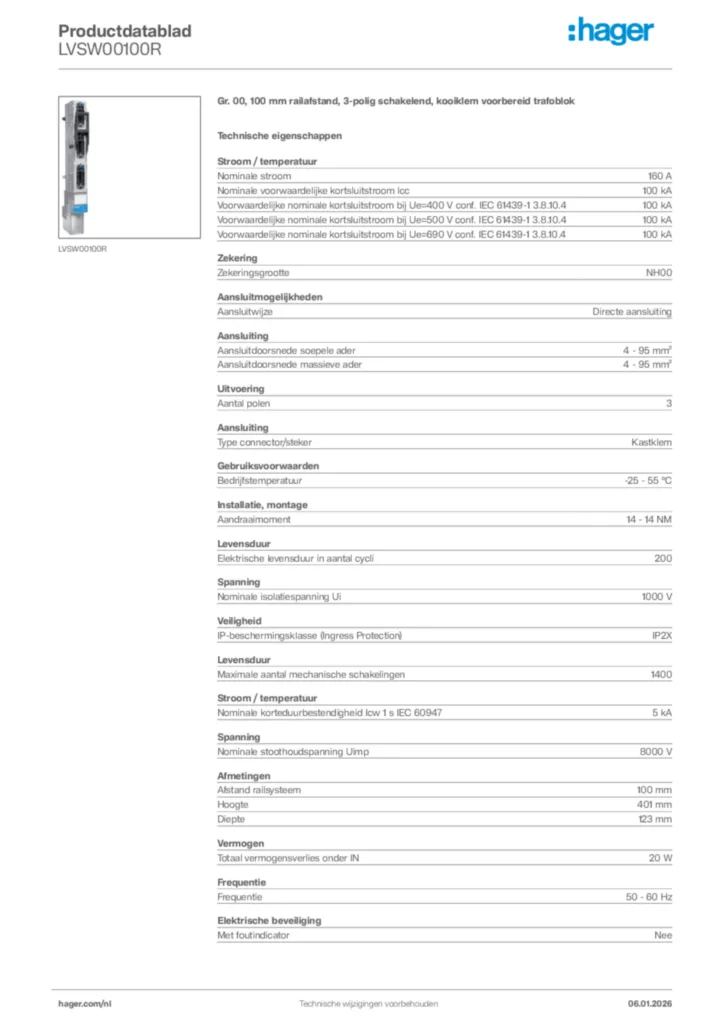 Afbeelding Hager Productdatablad LVSW00100R | Hager Nederland