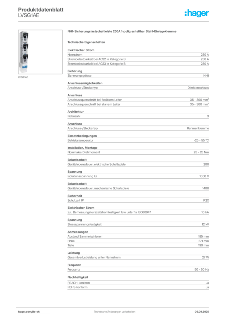 Bild Hager Produktdatenblatt LVSG1AE | Hager Schweiz