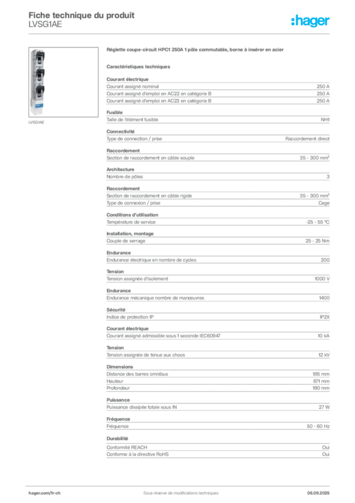 Image Hager Fiche technique du produit LVSG1AE | Hager Suisse