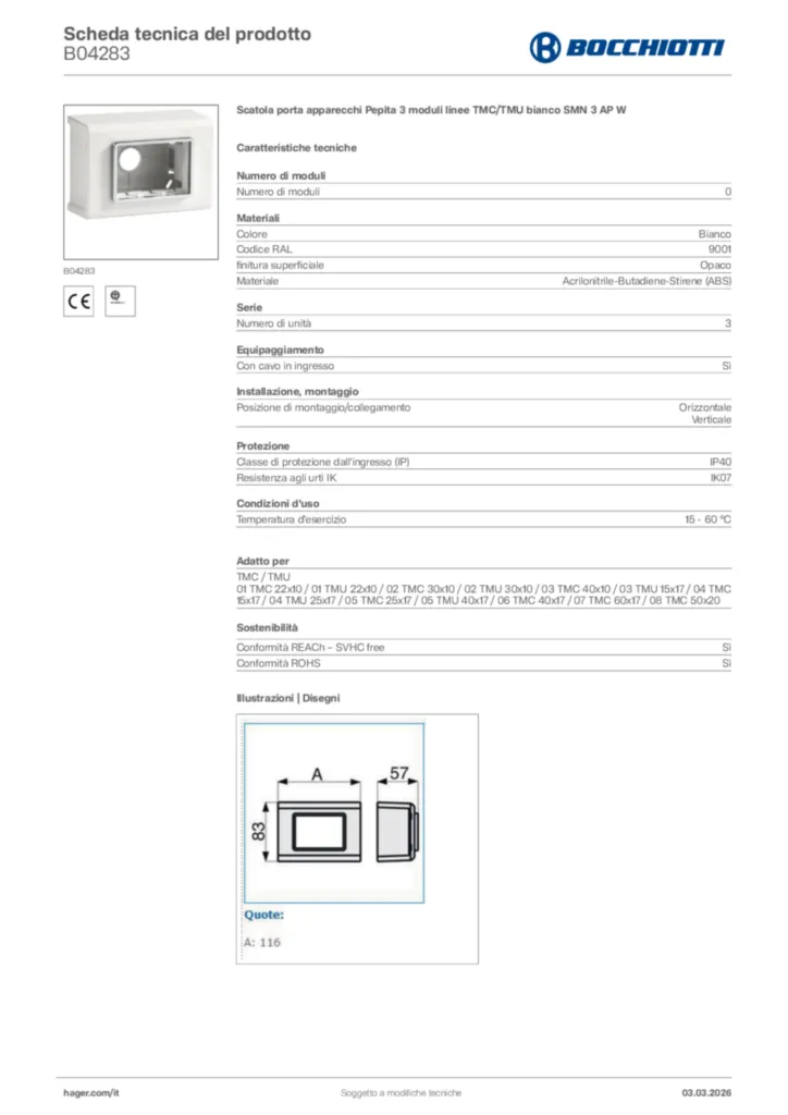 Immagine Bocchiotti Scheda tecnica del prodotto B04283 | Hager Italia