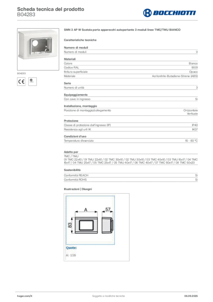 Immagine Bocchiotti Scheda tecnica del prodotto B04283 | Hager Italia