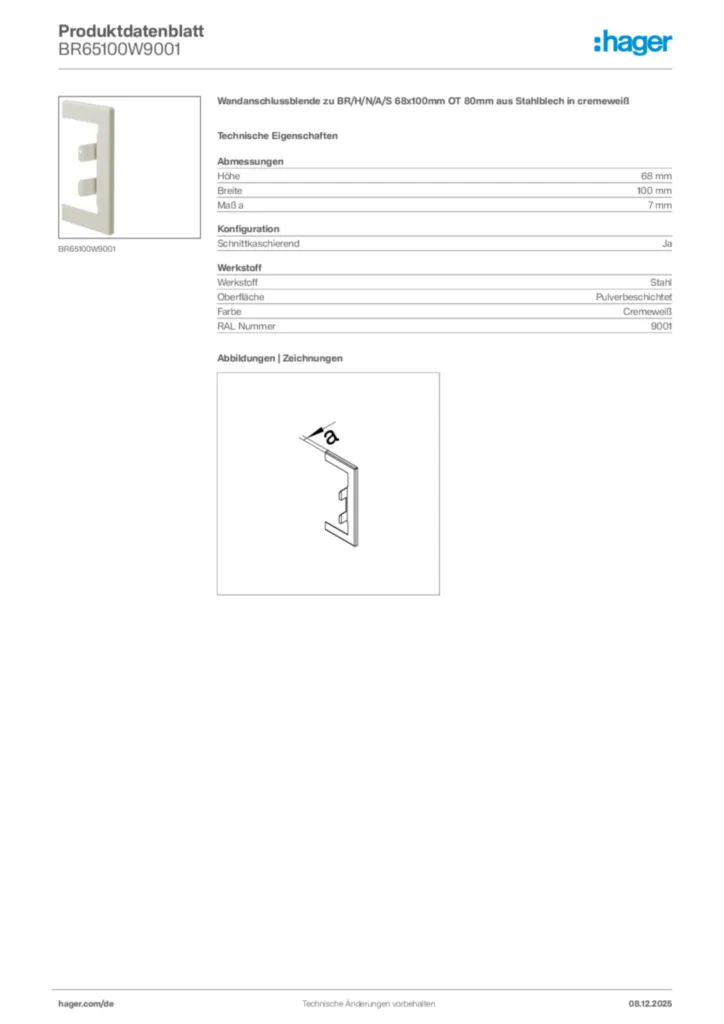 Bild Hager Produktdatenblatt BR65100W9001 | Hager Deutschland