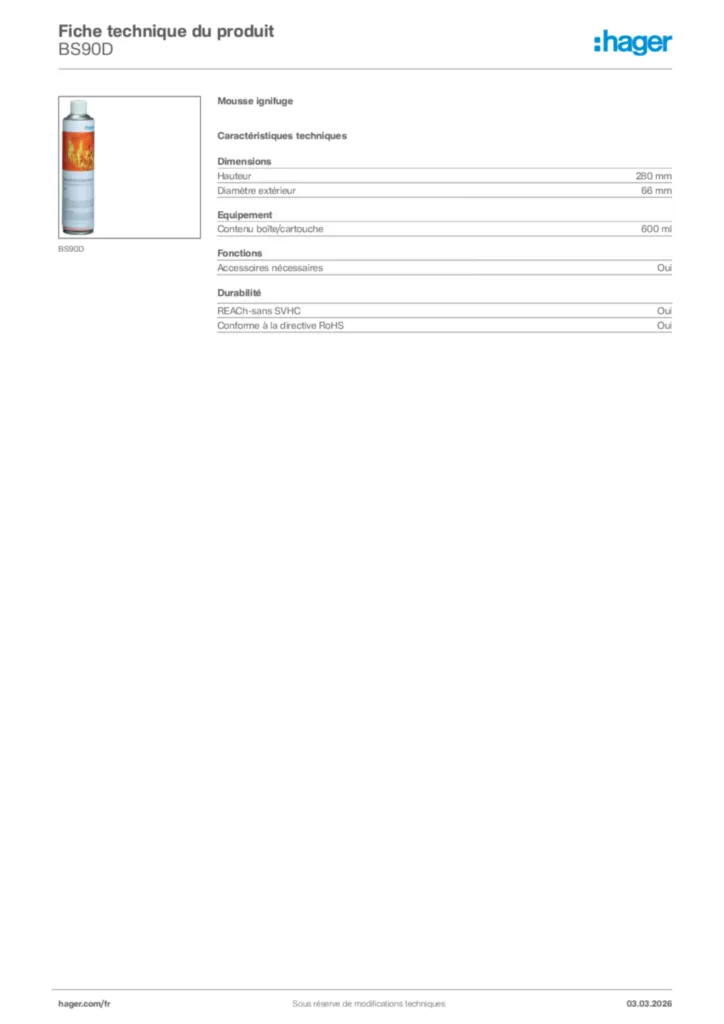 Image Hager Fiche technique du produit BS90D | Hager France