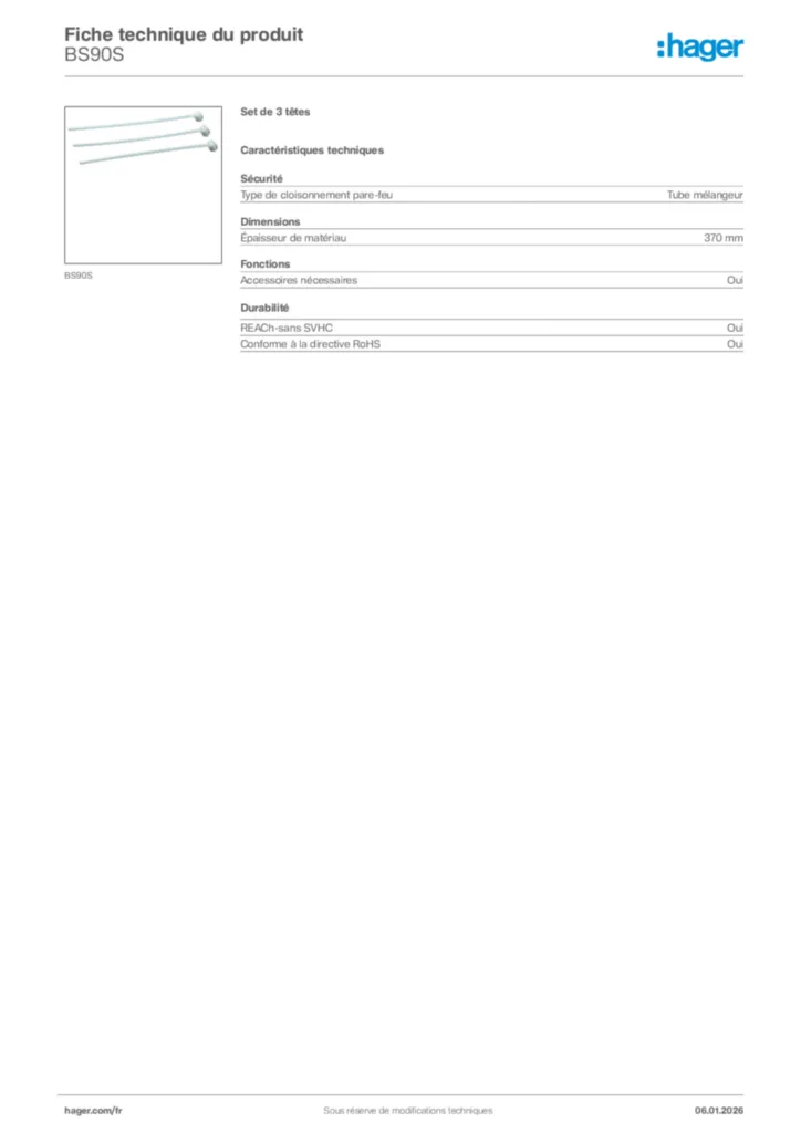 Image Hager Fiche technique du produit BS90S | Hager France