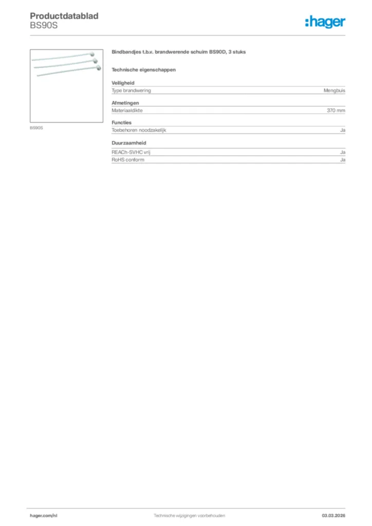 Afbeelding Hager Productdatablad BS90S | Hager Nederland