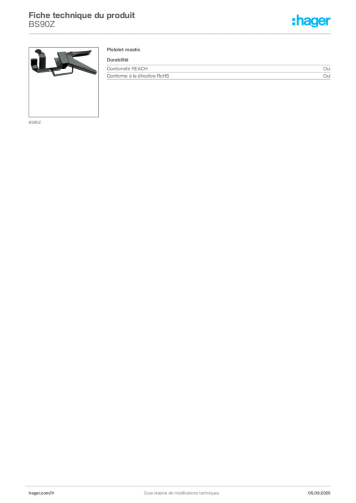 Image Hager Fiche technique du produit BS90Z | Hager France