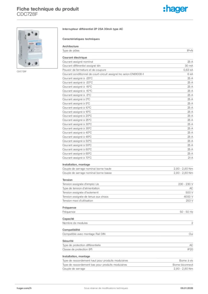 Image Hager Fiche technique du produit CDC728F | Hager France