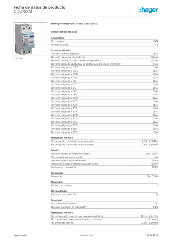 Imagen Hager Ficha de datos de producto CDC728M | Hager España