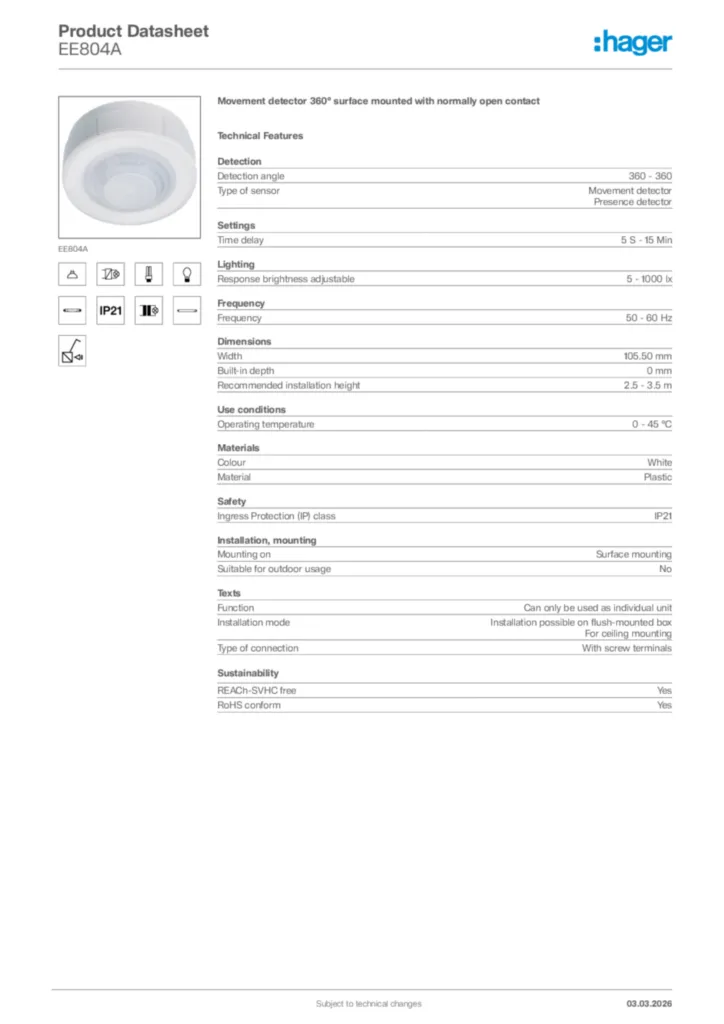 Image Hager Product data sheet EE804A  | Hager Africa