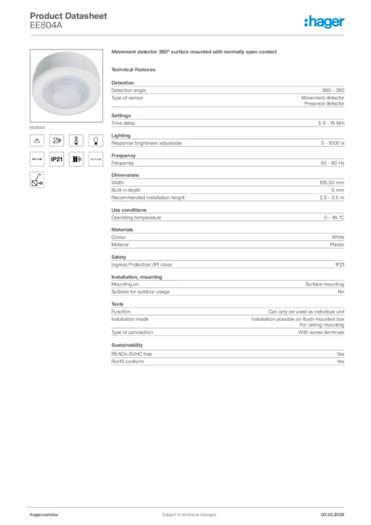 Image Hager Product data sheet EE804A  | Hager Australia
