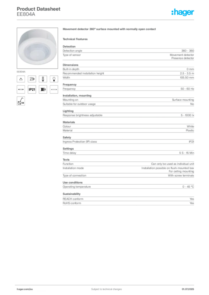 Image Hager Product data sheet EE804A  | Hager Australia